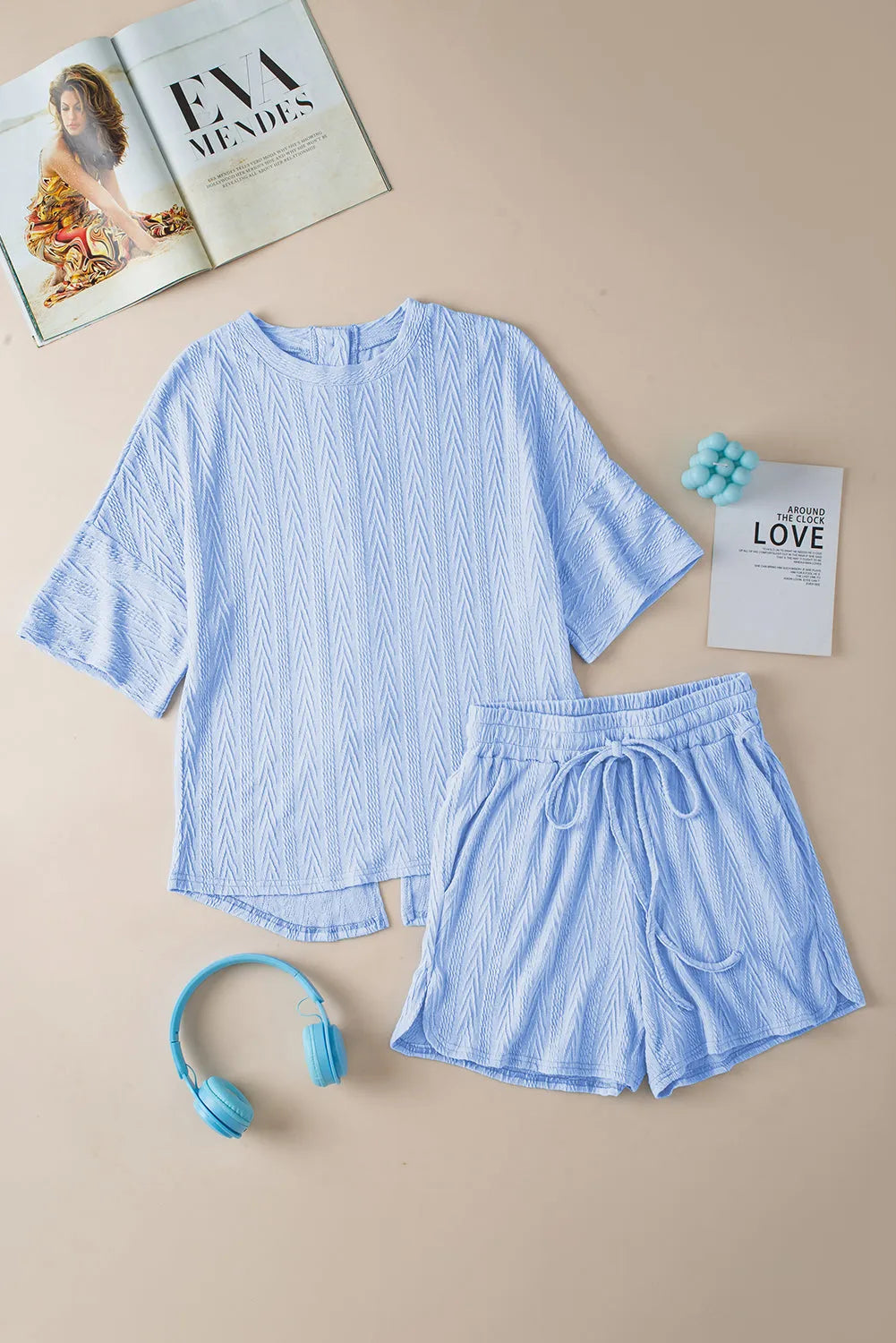 Beau Blue Textured Buttoned Slit Back Tee Shorts Set - Chic Meadow Boutique 