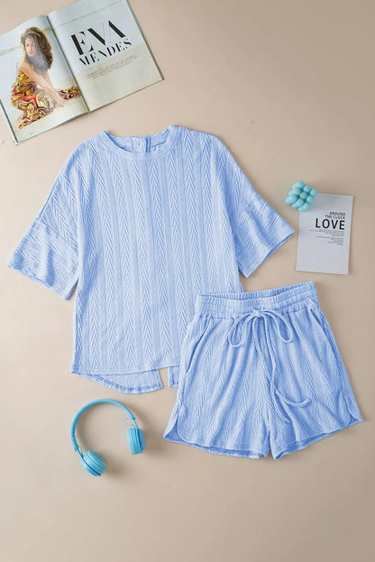 Beau Blue Textured Buttoned Slit Back Tee Shorts Set - Chic Meadow Boutique 