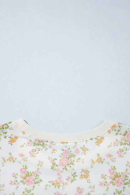 Beige Floral Print Long Sleeve Shift Top Pocketed Shorts 2pcs Set