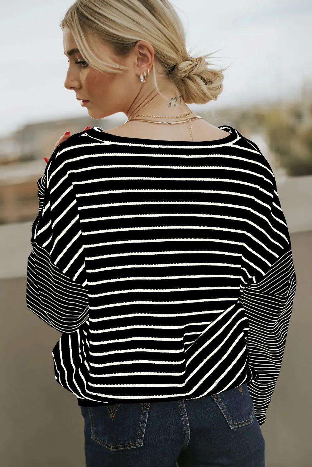 Black Stripe Patchwork Loose Long Sleeve Tee - Chic Meadow Boutique 