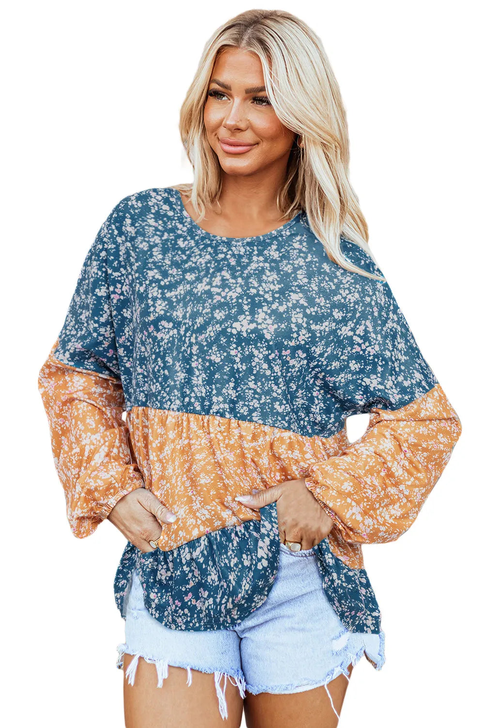 Orange Floral Color Block Ruffled Hem Round Neck Blouse - Chic Meadow Boutique 