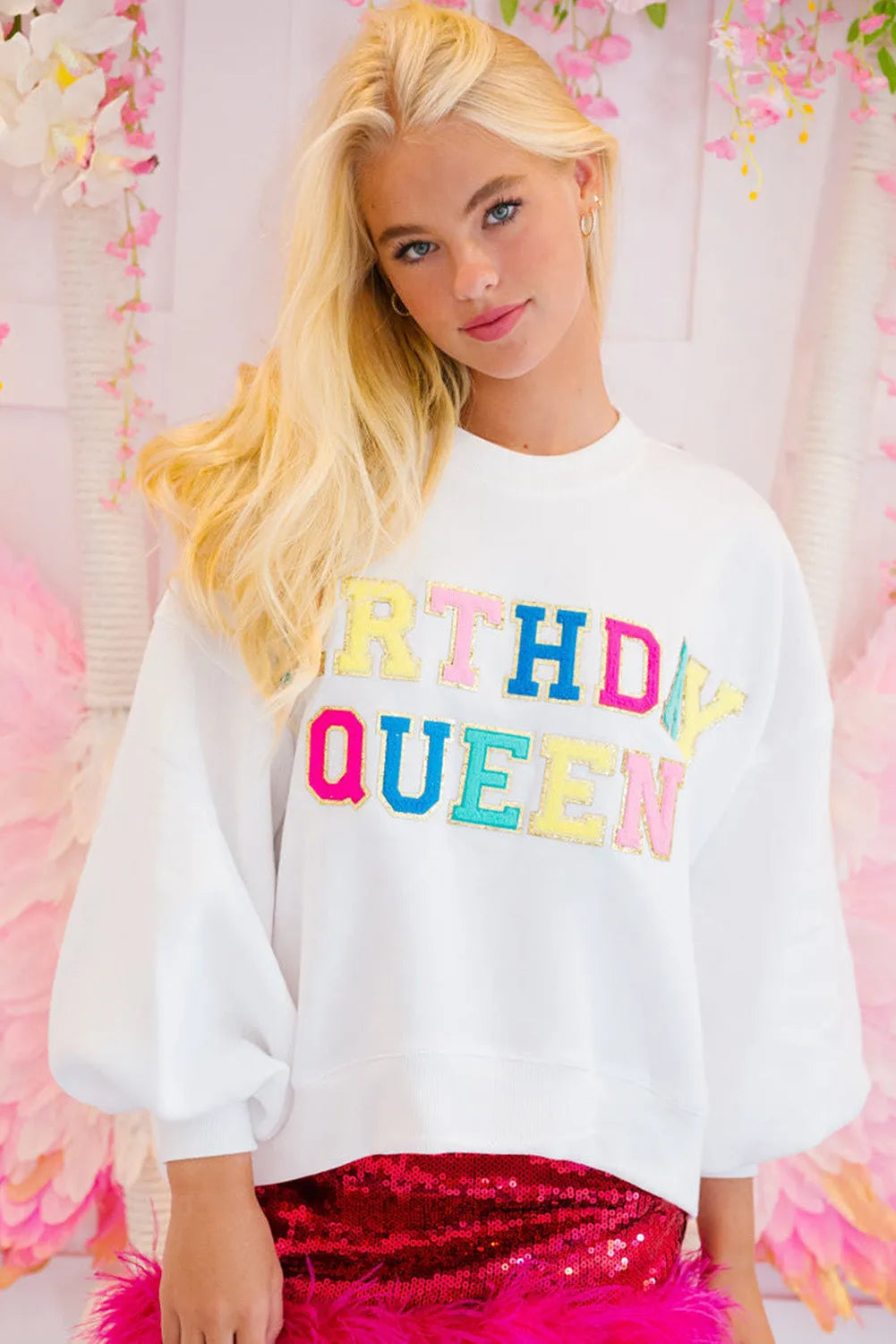 Tops/Sweatshirts & Hoodies White BIRTHDAY QUEEN Graphic Balloon Sleeve Sweatshirt