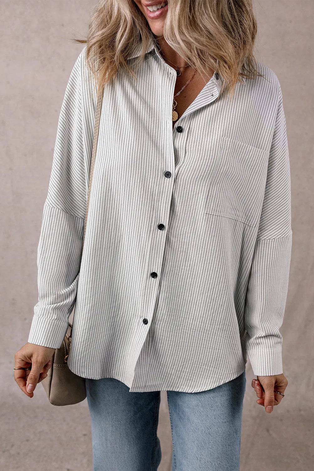 Black Stripe Roll-tab Sleeve Pocketed Long Shirt - Chic Meadow Boutique 