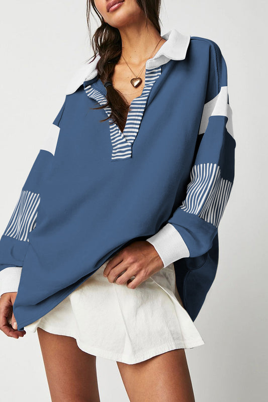 Sail Blue Striped Colorblock Patchwork Collar Sweatshirt - Chic Meadow Boutique 