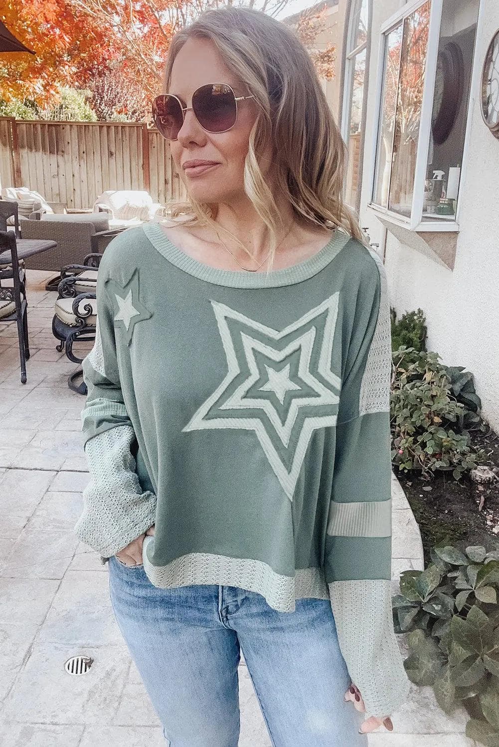 Plus Size/Plus Size Tops/Plus Size Long Sleeve Tops Mist Green Stars Patchwork Round Neck Plus Size T Shirt