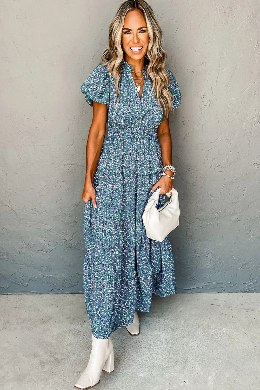 Blue Printed V Neck Shirred Short Puff Sleeve Maxi Dress - Chic Meadow Boutique 