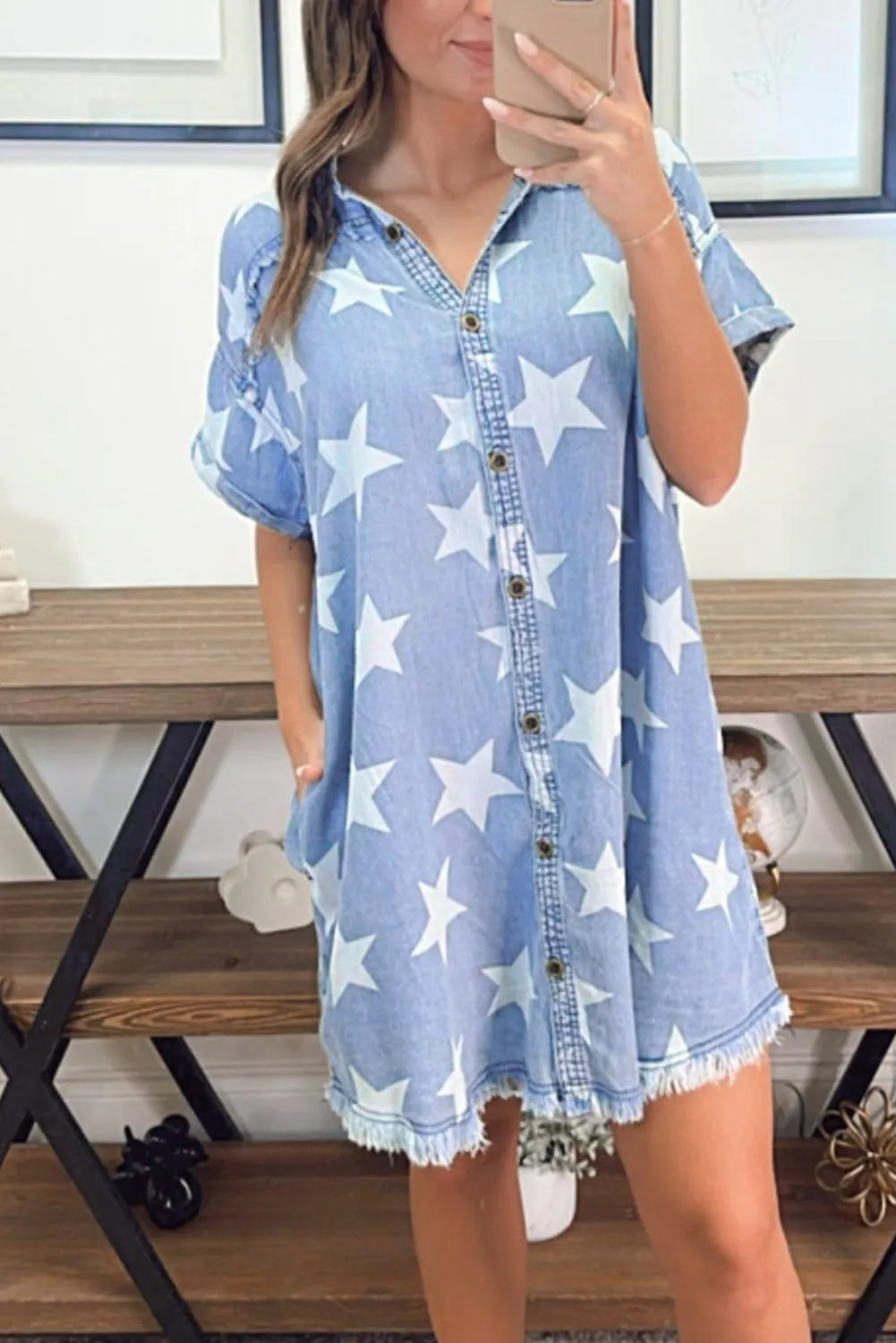 Sky Blue Stars Frayed Hem Collared Short Sleeve Denim Dress - Chic Meadow Boutique 