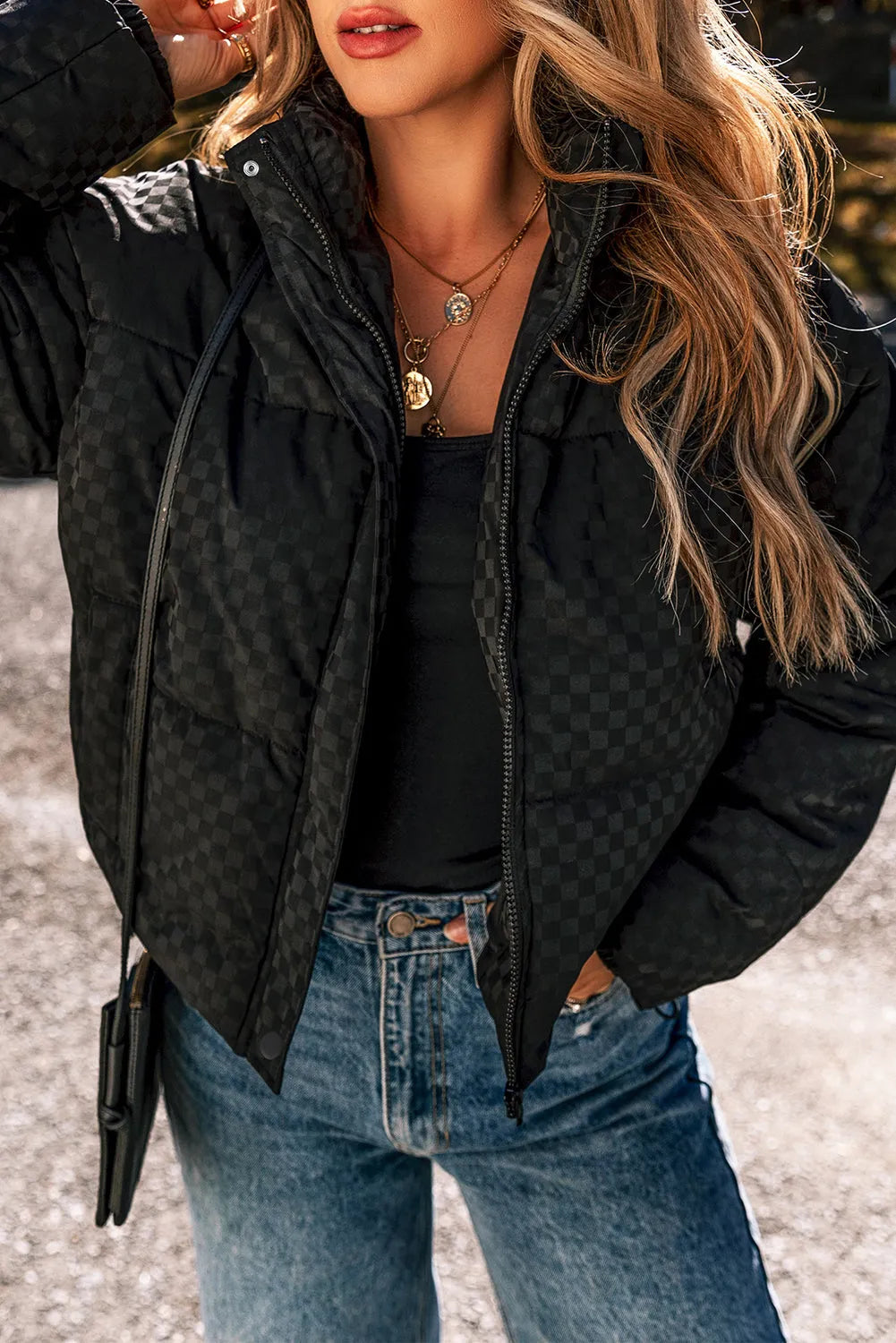 Black Checkerboard Full Zipper Puffer Jacket - Chic Meadow Boutique 