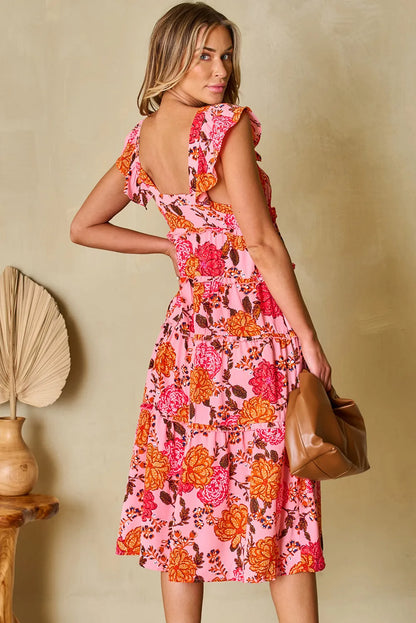 Pink Floral Square Neck Ruffled Flutter Sleeve Tiered Midi Dress - Chic Meadow Boutique 