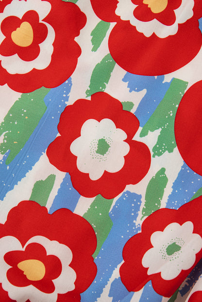 Red Plus Size Floral Print Ruffle Trim Split Neck Peplum Top