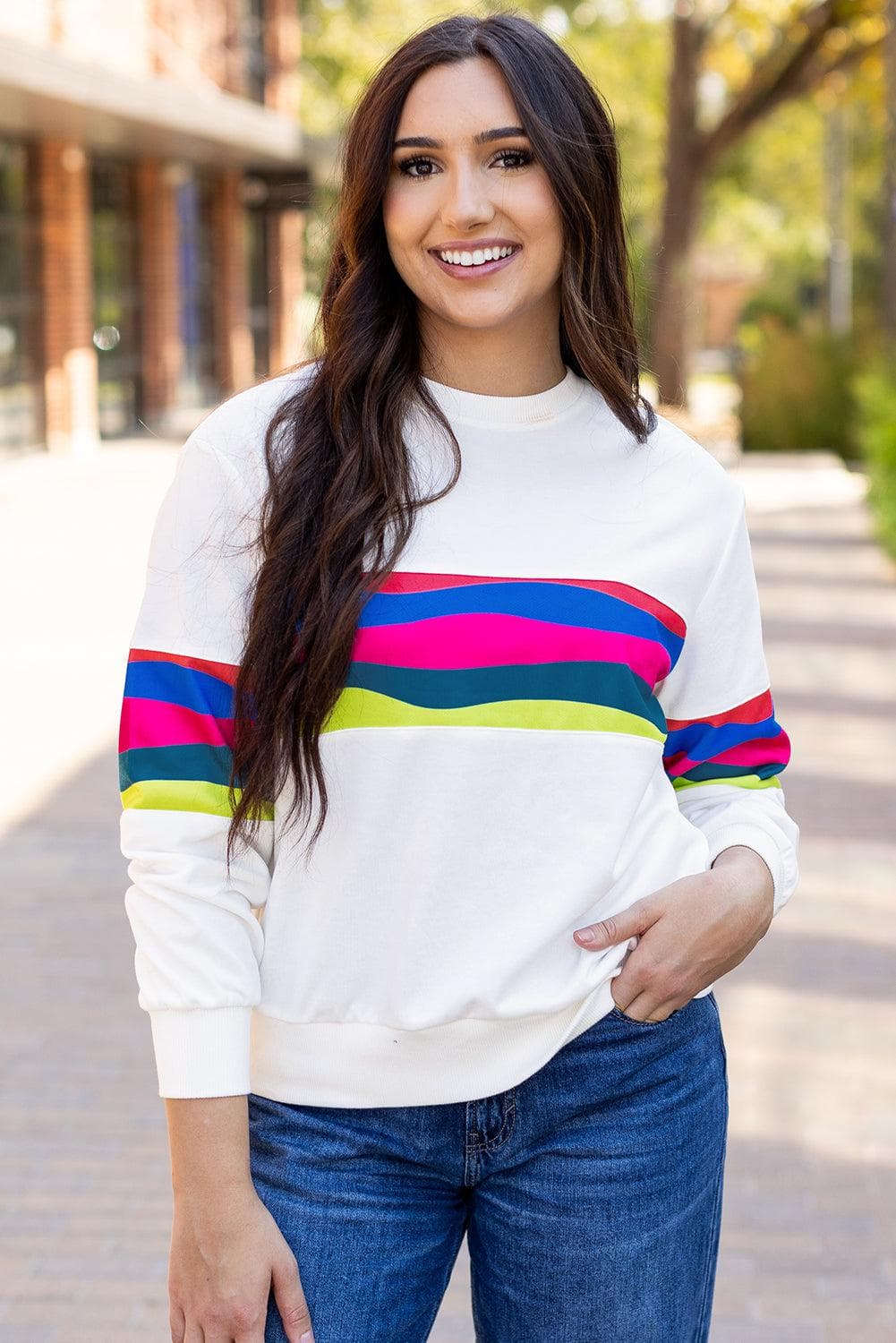 Tops/Long Sleeve Tops White Colorful Striped Accent Long Sleeve T Shirt