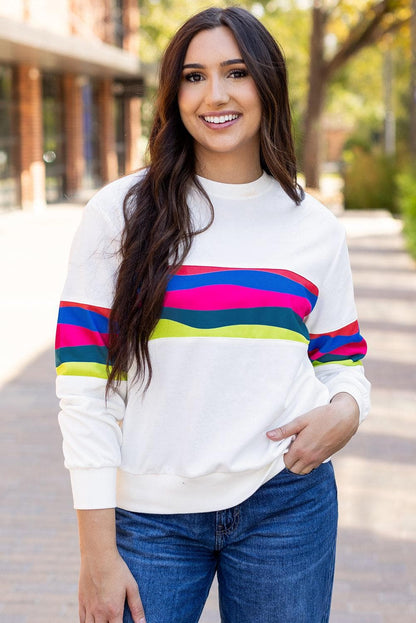 Tops/Long Sleeve Tops White Colorful Striped Accent Long Sleeve T Shirt