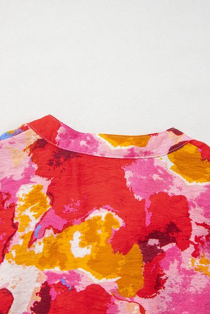 Red Abstract Print Split V Neck Ruffle Short Sleeve Blouse