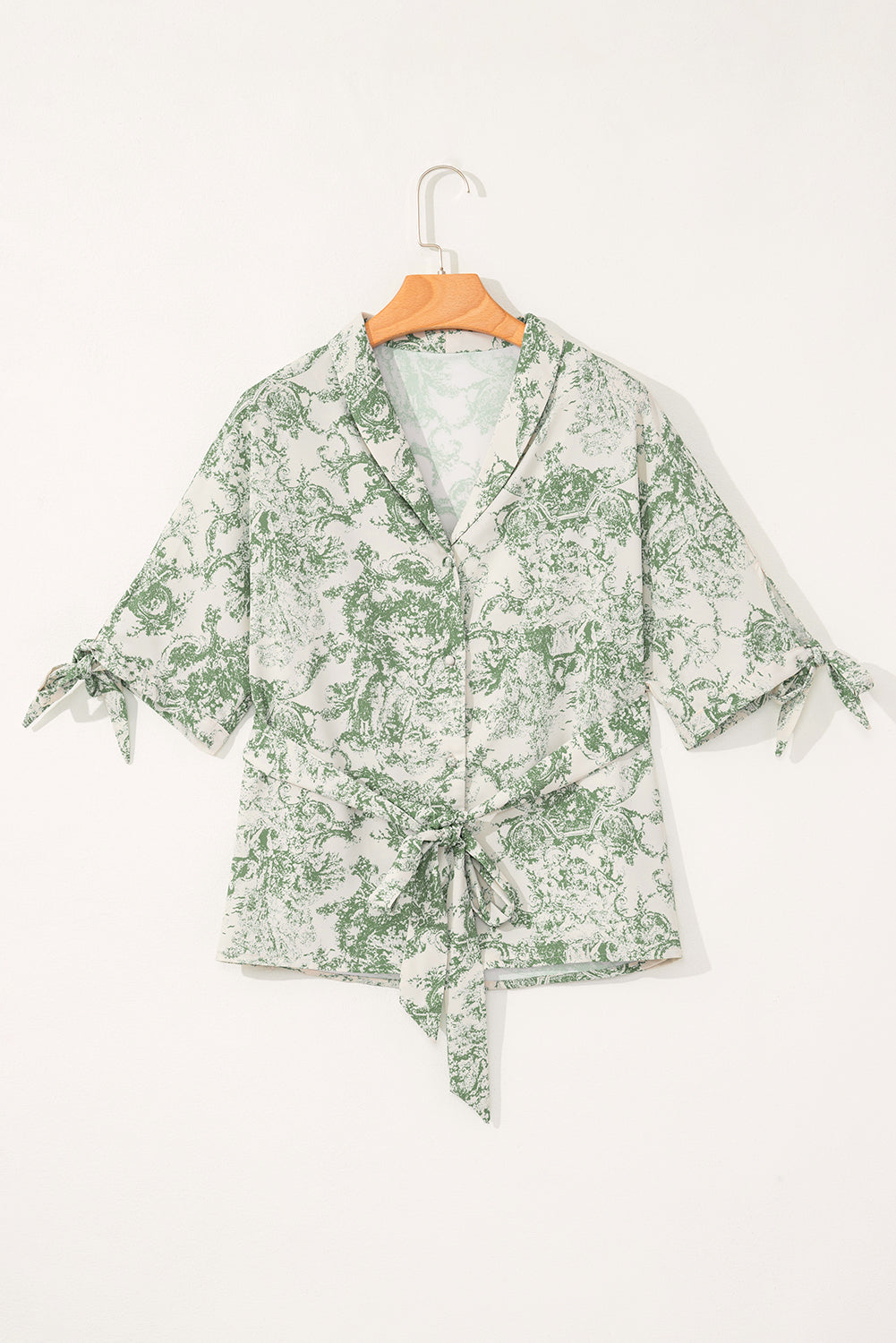 Green Landscape Print Tied 3/4 Sleeve Shirt with Sash