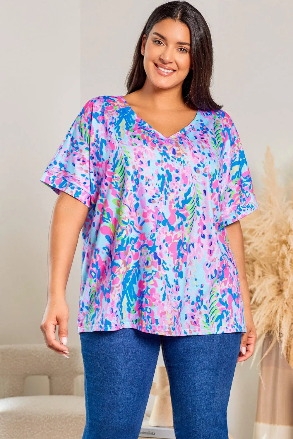 Sky Blue Plus Size Plant Print V Neck T-shirt - Chic Meadow Boutique 