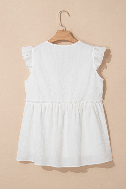 White Textured Ruffled Trim V Neck Flutter Flowy Top