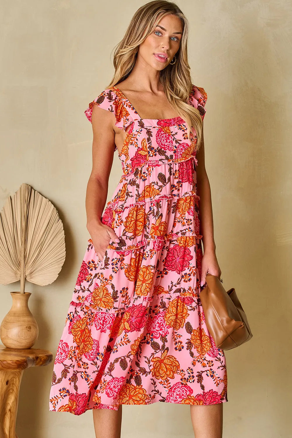 Pink Floral Square Neck Ruffled Flutter Sleeve Tiered Midi Dress - Chic Meadow Boutique 