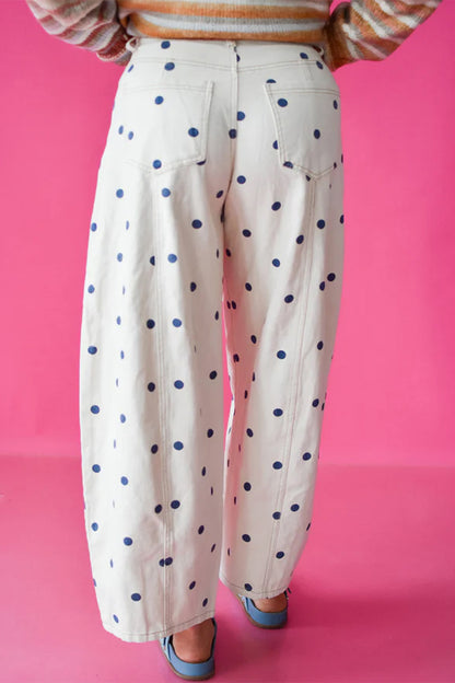 Blue Tailored Seam Polka Dot Print Ankle Length Casual Jeans
