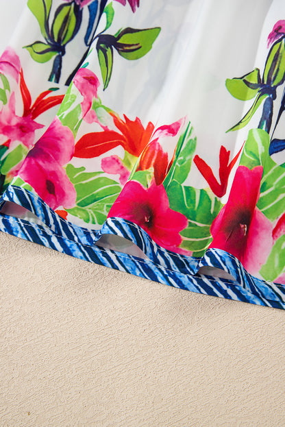 Pink Floral Striped Patchwork Short Sleeve Split Neck Blouse