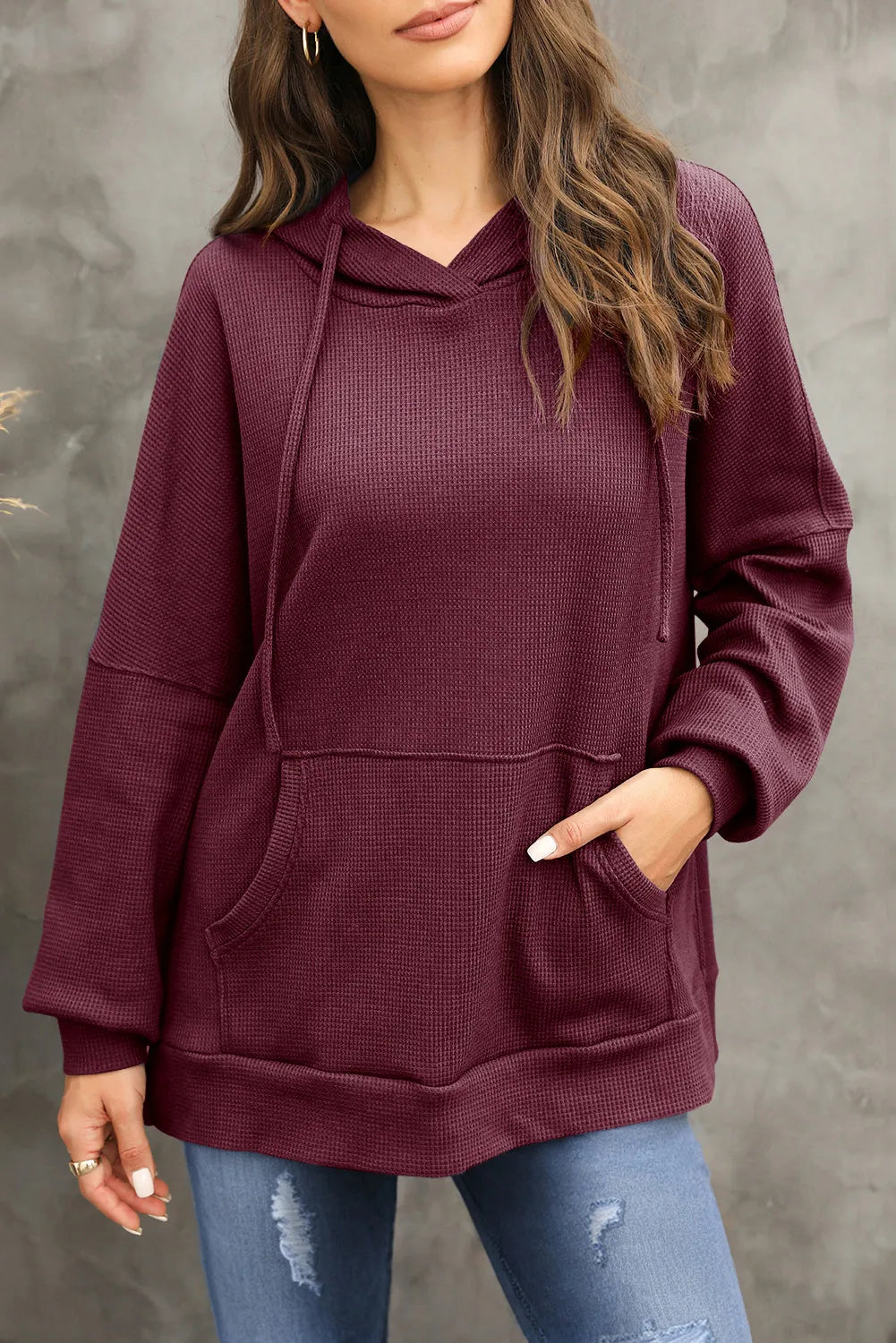 Red Dahlia Waffle Knit Fleece Lined High Low Oversized Hoodie - Chic Meadow Boutique 