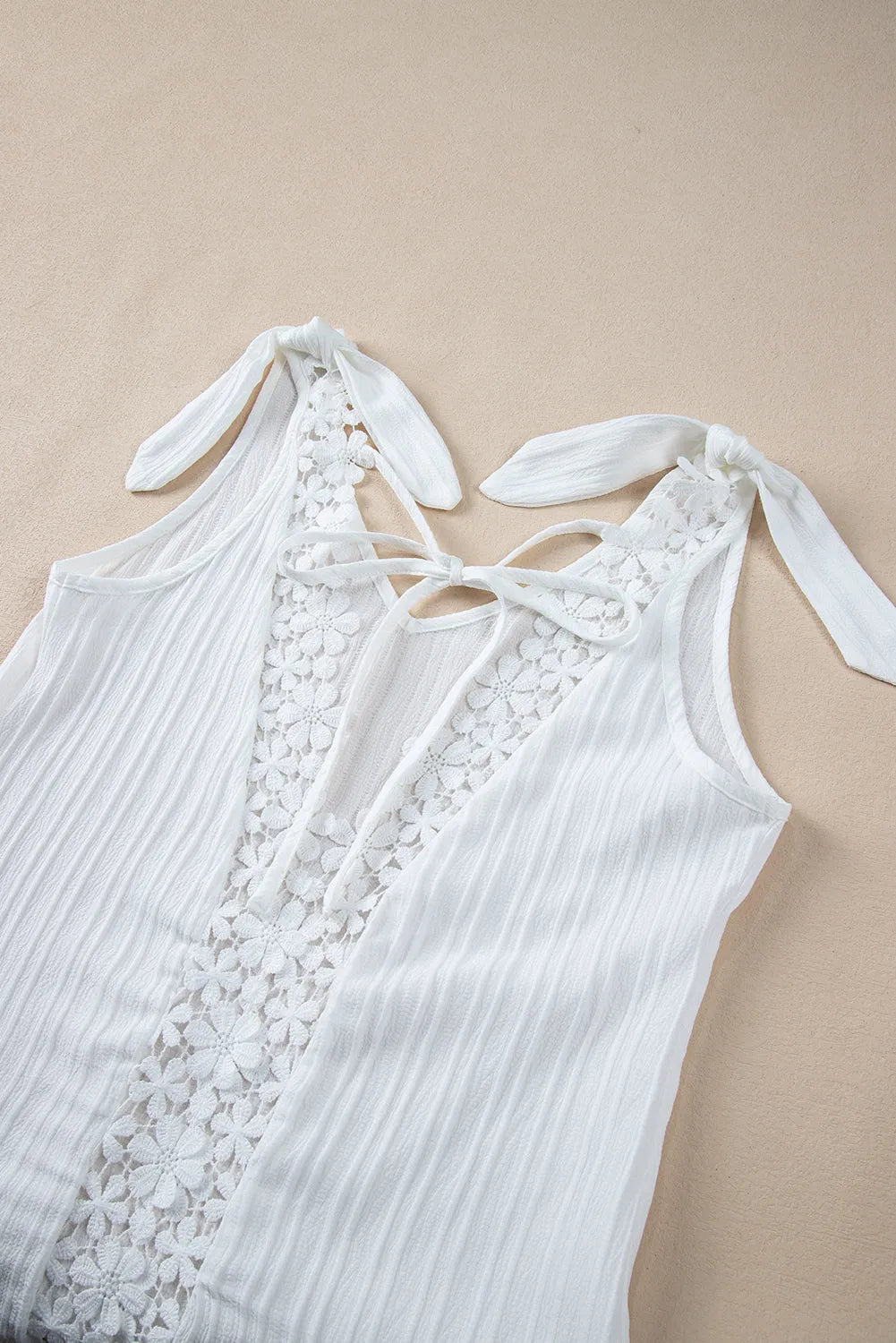 White Lace Splicing Knotted Backless V Neck Tank Top - Chic Meadow Boutique 