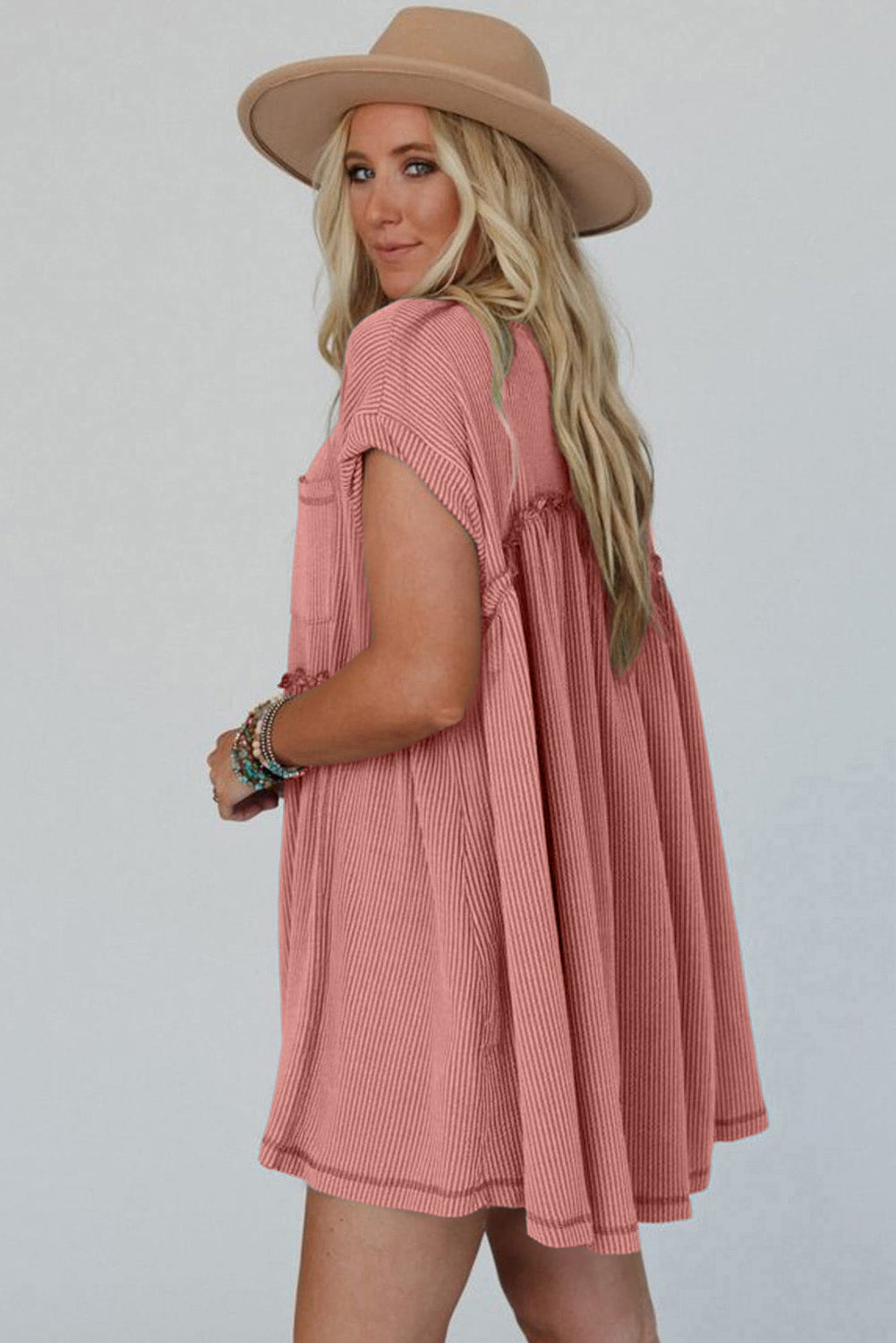 Dusty Pink Corded Knit Textured Patched Pocket Frilled Swing Mini Dress with Pockets
