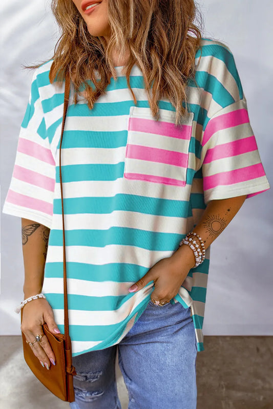 Blue Stripe Contrast Patch Pocket Drop Sleeve T Shirt - Chic Meadow Boutique 