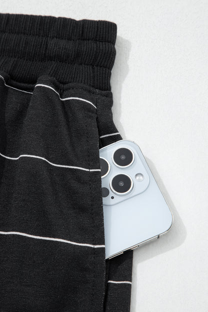 Black Stripe Half Sleeve Tee Drawstring Shorts 2pcs Set