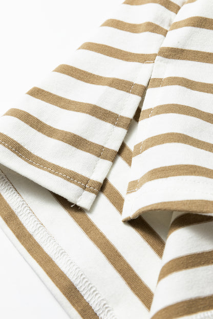 Khaki Stripe Leopard Patchwork Round Neck Loose T Shirt