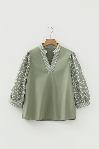 Grass Green Floral Puff Sleeve Contrast V Neck Patchwork Blouse