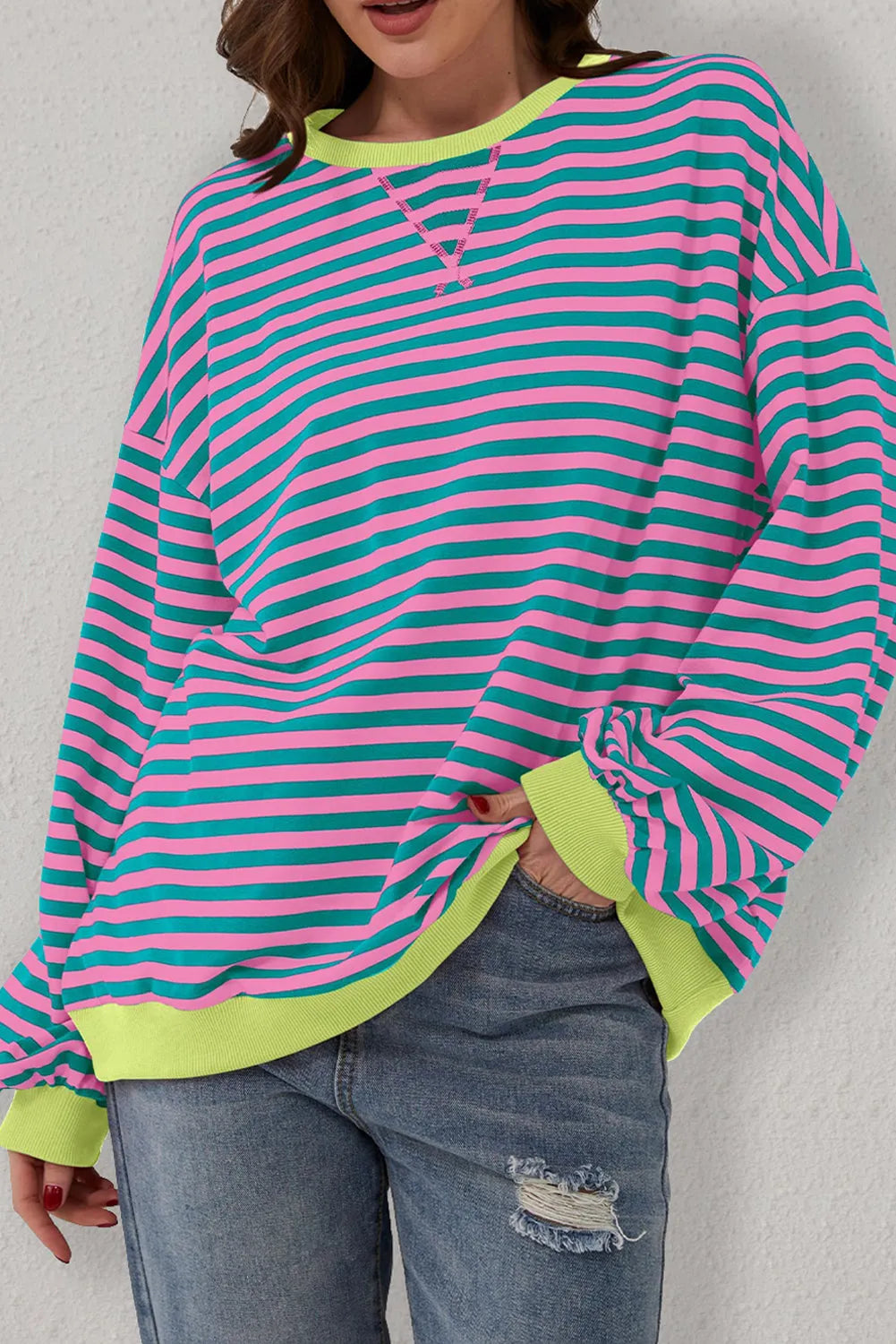 Green Stripe Oversized Contrast Trim Pullover Sweatshirt - Chic Meadow Boutique 