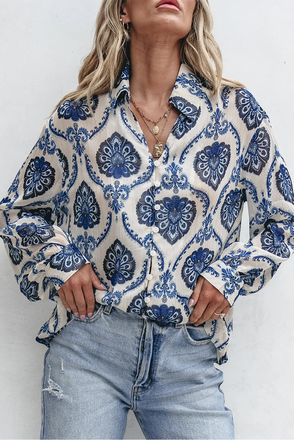 Blue Tribal Pattern Buttoned Front Loose Shirt - Chic Meadow Boutique 