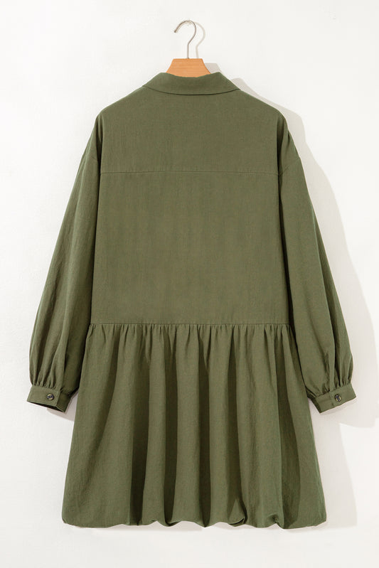 Four Leaf Clover Plus Size Collar Half Button Long Sleeve Ruffle Hem Mini Dress
