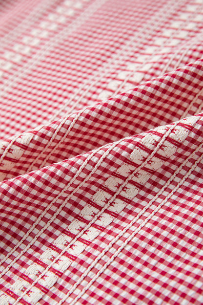Red Western Pony Embroidered Yoke Puff Sleeve Gingham Blouse