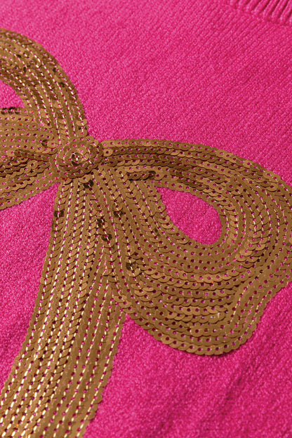 Rose Red Sequined Bow Graphic Christmas Holiday Sweater