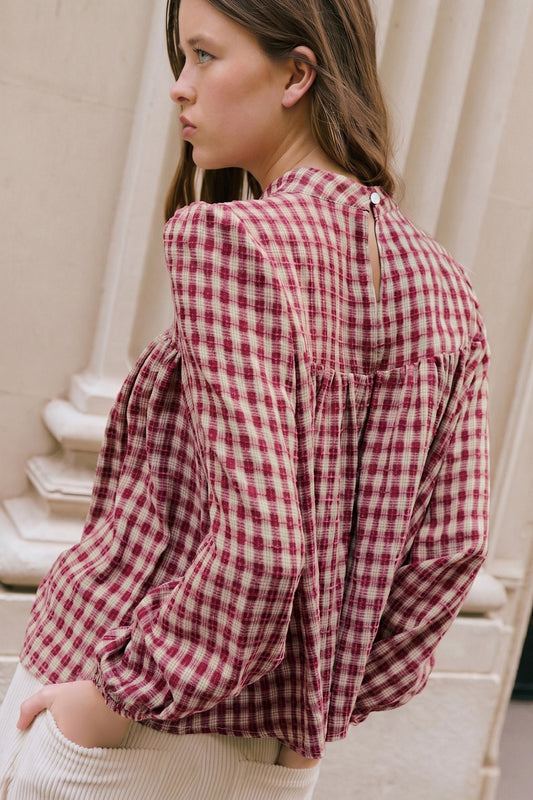 Coral Country Plaid Long Sleeve Button Keyhole Pleated Loose Blouse