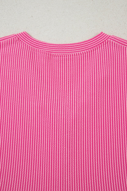 Bright Pink Spiral Ribbed Short Sleeve V Neck Buttoned Romper with Pocket