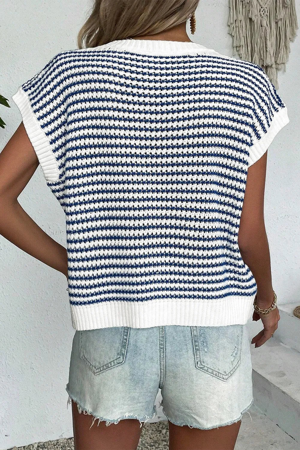 Blue Stripe Ribbed Trim Loose Fit Knitted Sweater Vest - Chic Meadow Boutique 