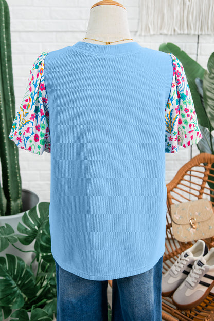 Light Blue Round Neck Textured Contrast Floral Bubble Sleeve Blouse