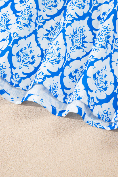 Sky Blue Western Print Zipped Collar Short Sleeve Summer Blouse Top