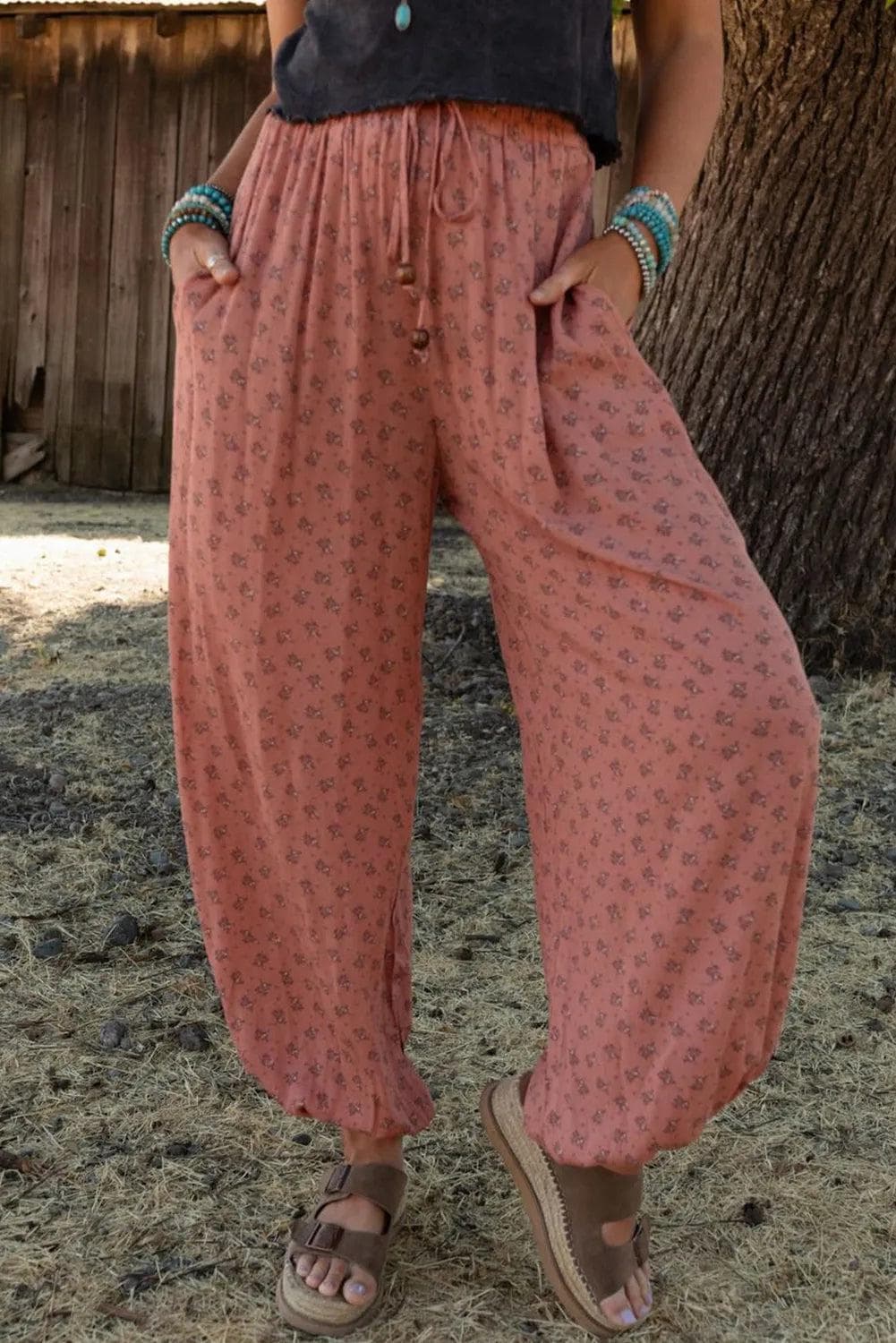 Bottoms/Pants & Culotte Pink / S / 100%Viscose Pink Boho Floral Printed Wide Leg Jogger Pants