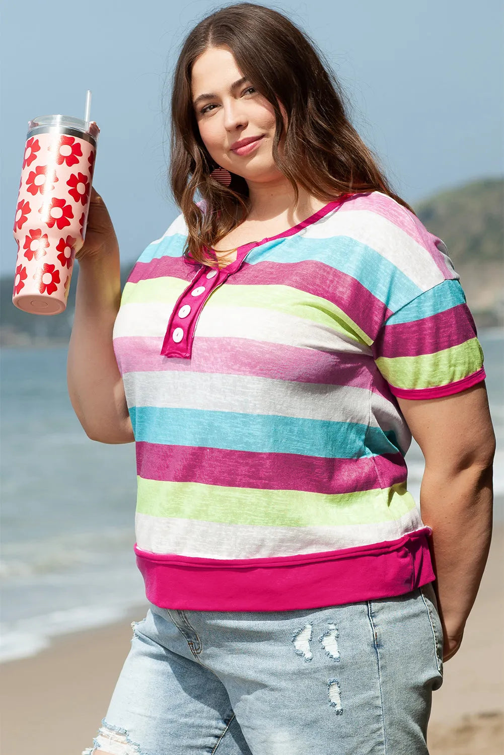 Rose Stripe Plus Size Textured Knit Short Sleeve Henley Top - Chic Meadow Boutique 