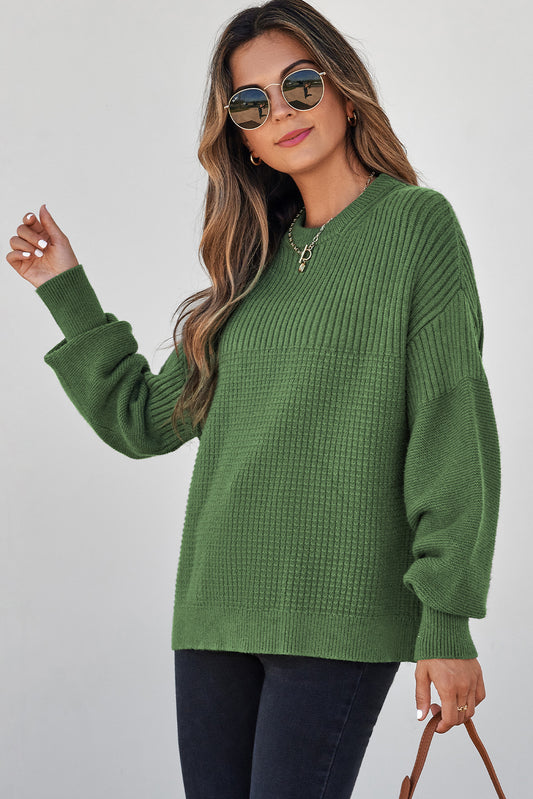 Vineyard Green Solid Color Mixed Textured Knitted Crew Neck Sweater