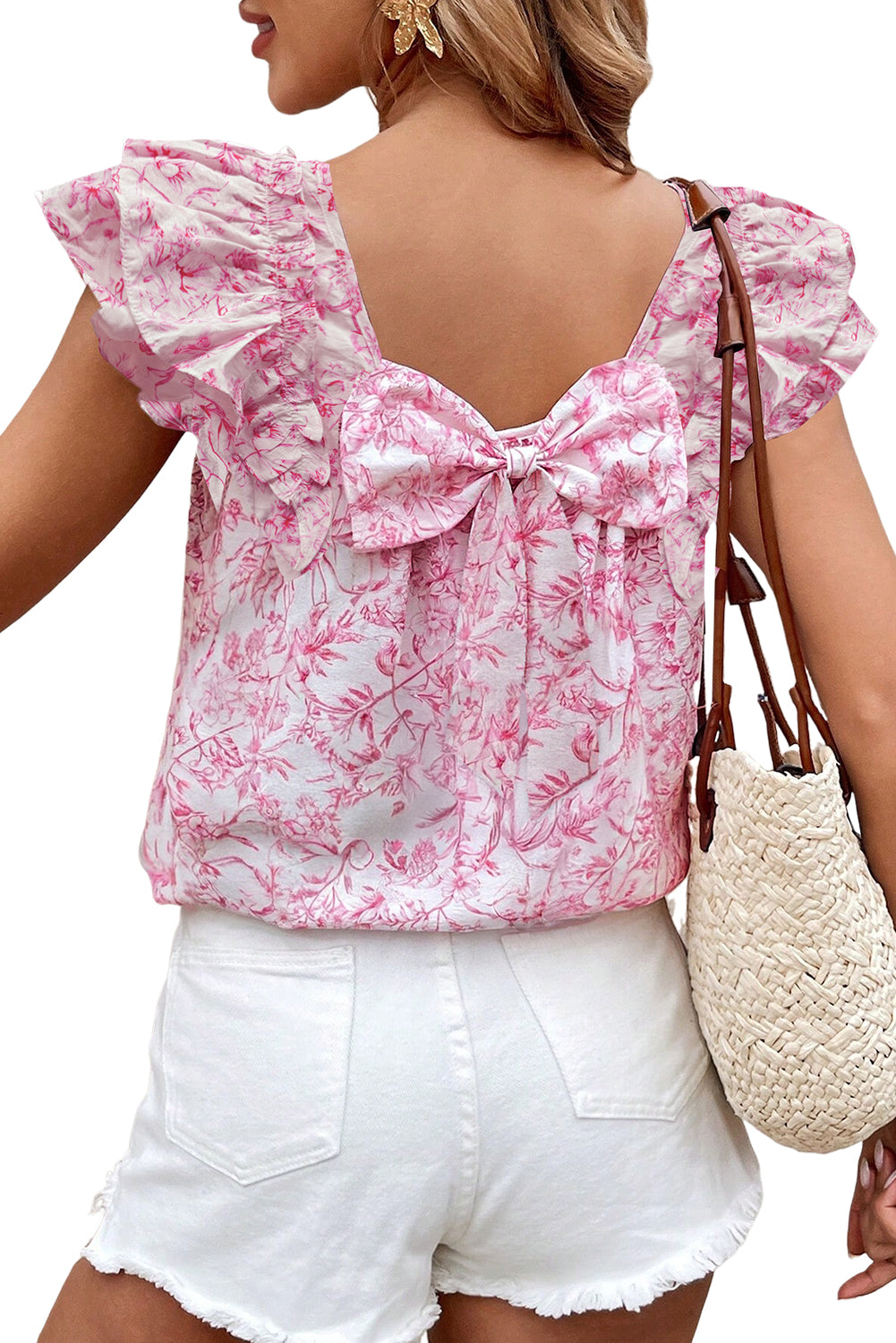 Pink Floral Ruffled Short Sleeve Bow Back Square Neck Blouse