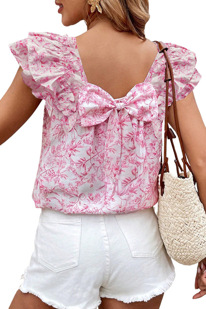 Pink Floral Ruffled Short Sleeve Bow Back Square Neck Blouse