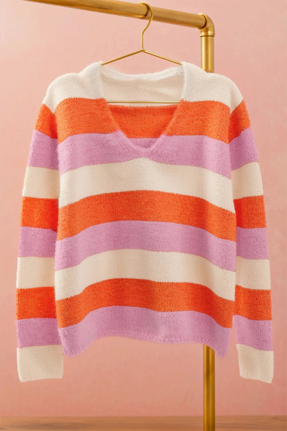 Orange Stripe Colorblock V Neck Casual Sweater - Chic Meadow Boutique 