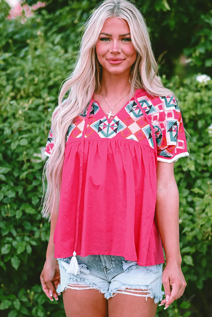 Strawberry Pink Geometric Embroidered Tassel Tie V Neck Blouse - Chic Meadow Boutique 