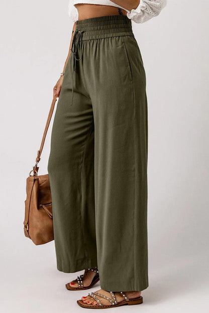 Bottoms/Pants & Culotte Green Brown Drawstring Elastic Waist Casual Wide Leg Pants