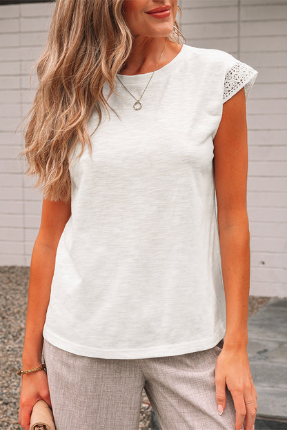 White Lace Patchwork Cap Sleeve Round Neck T Shirt
