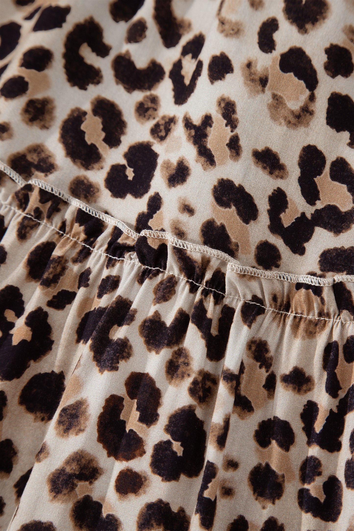Brown Ruffled Straps Smocked Tiered Leopard Maxi Dress